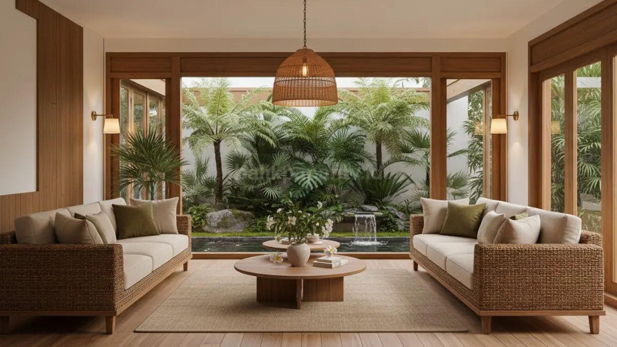 Ruang keluarga rumah tropical modern dengan inner garden dan lighting warm estetik (BTV/Ai)