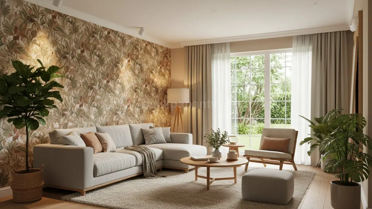 Ruang tamu minimalis modern dengan wallpaper floral earthy tone dan pencahayaan hangat 2026 (BTV/Ai)