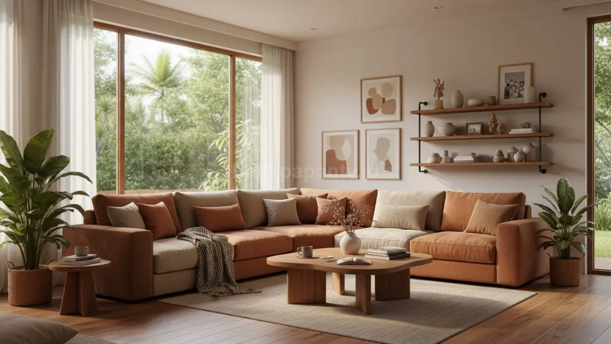 Ruang tamu modern 2026 dengan sofa modular warna earthy dan pencahayaan alami hangat (BTV/Ai)