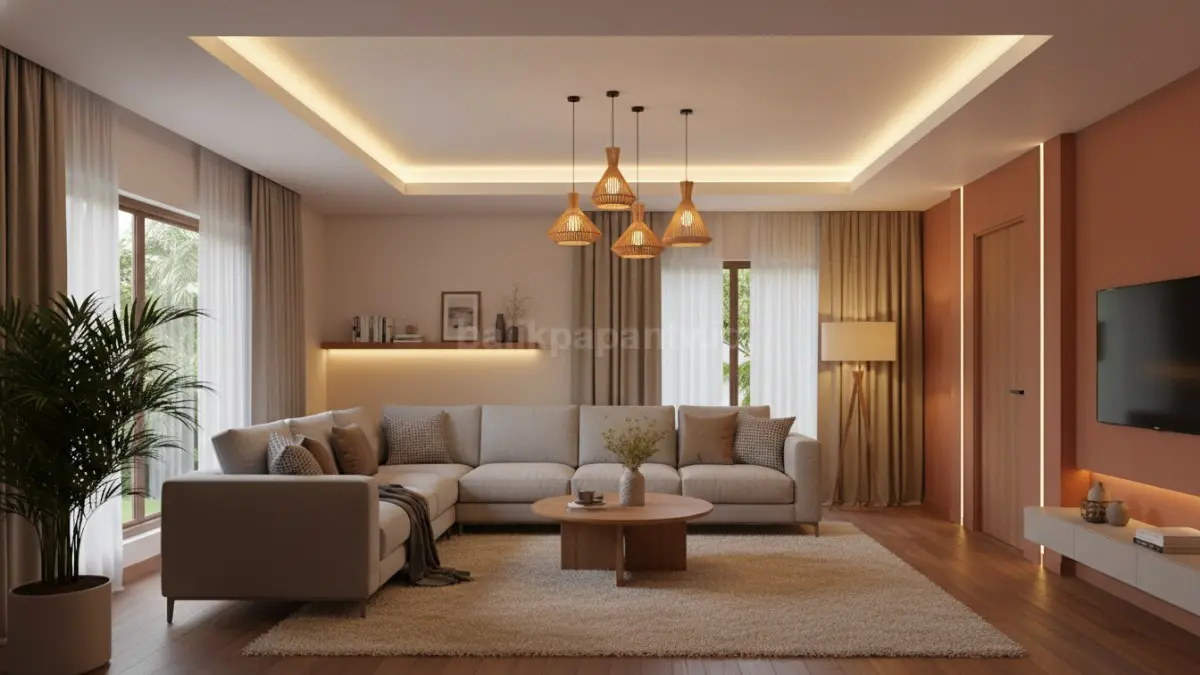 Ruang tamu modern dengan lighting warm dan hidden LED estetik ala café premium (BTV/Ai)