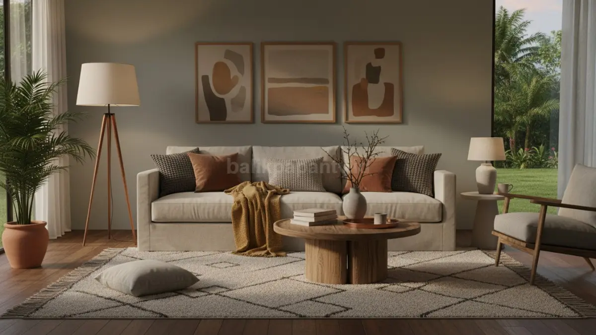 Ruang tamu refined layering 2026 dengan sofa linen dan pencahayaan warm white hangat (BTV/Ai)