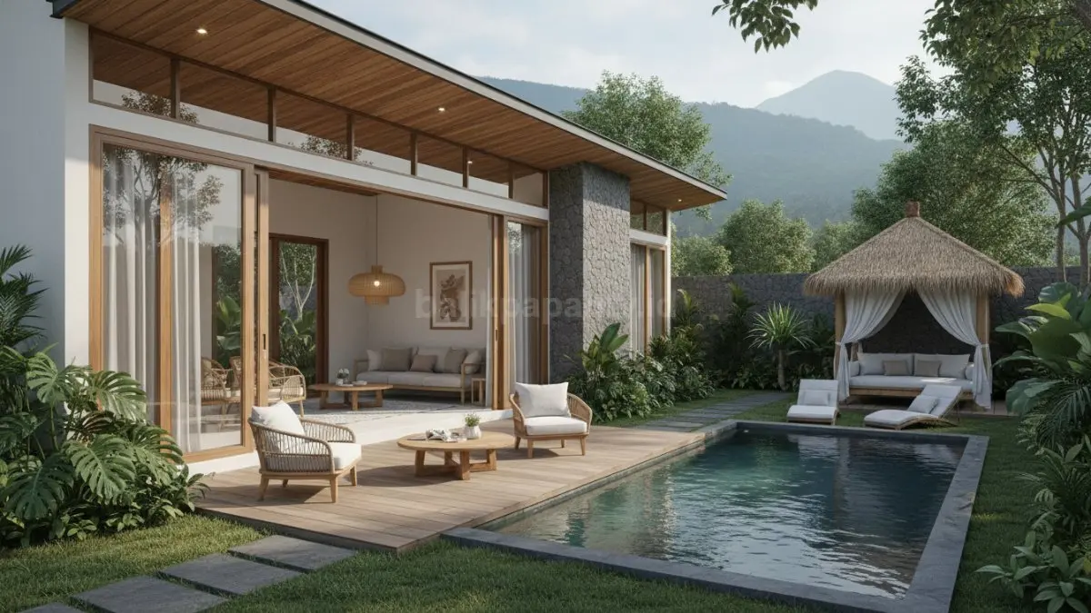 Rumah ala resort pribadi dengan taman tropis dan area santai outdoor modern. (BTV/Ai)