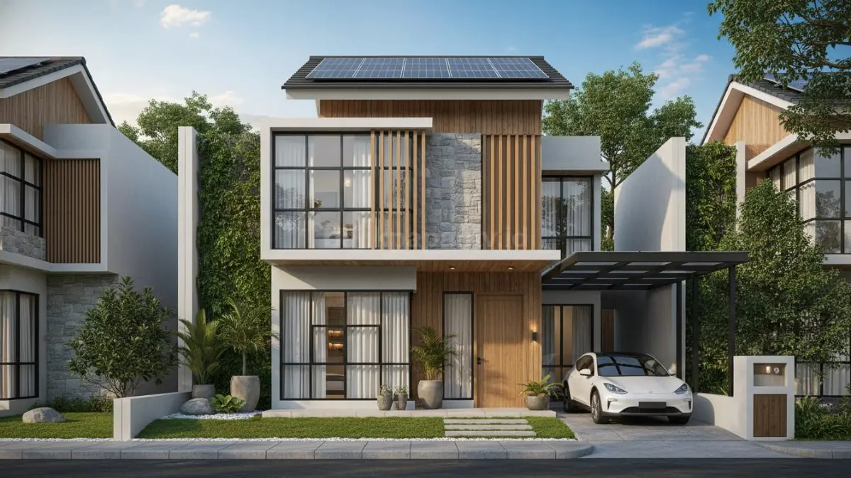 Rumah minimalis modern dengan bata ekspos dan kayu daur ulang bernuansa adem alami. (BTV/Ai)