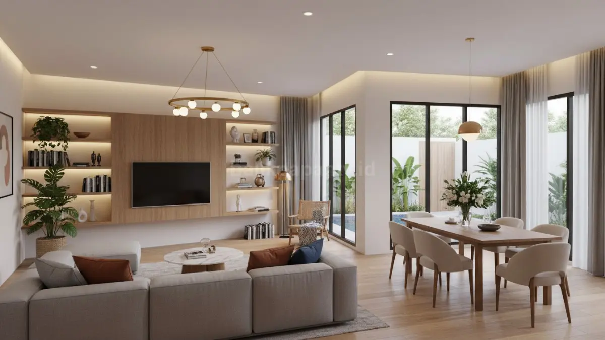 Rumah minimalis modern dengan pencahayaan hangat dan interior ala hotel premium yang terasa nyaman. (BTV/Ai)