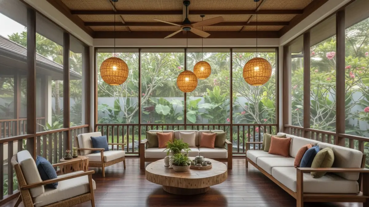 Screened-in porch modern menghadirkan area santai tropis yang nyaman, sejuk, dan tetap terhubung dengan alam. (BTV/AI)
