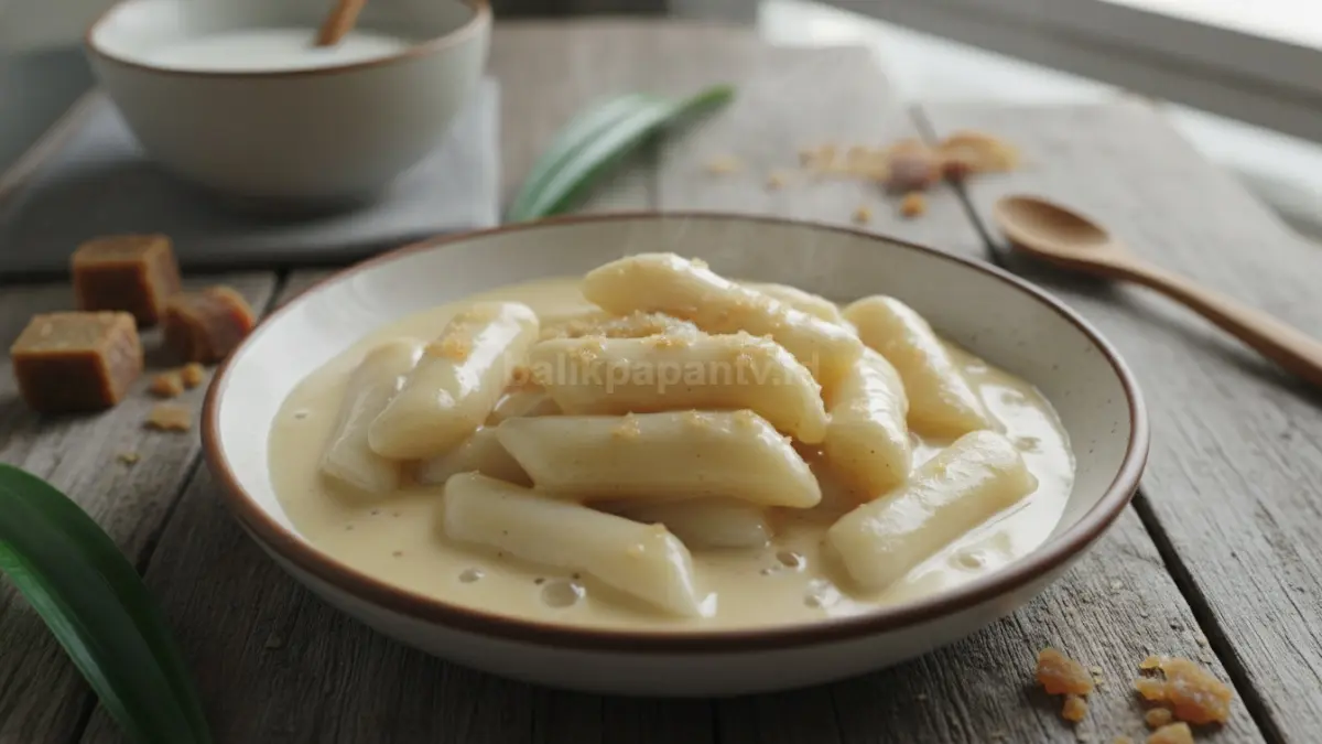 Tambahkan susu dan gula lalu aduk hingga saus creamy melapisi seluruh permukaan tteok hangat. (BTV/AI) 
