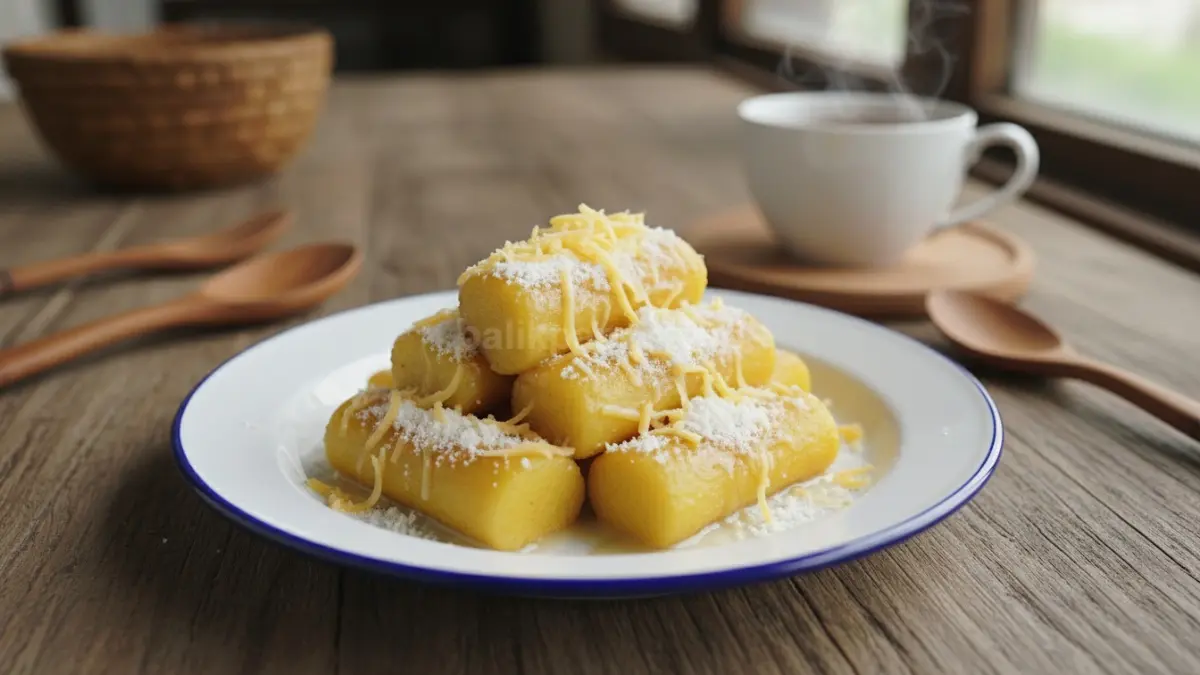 Tambahkan topping keju atau susu bubuk agar butter tteok terasa gurih manis semakin nikmat. (BTV/AI) 
