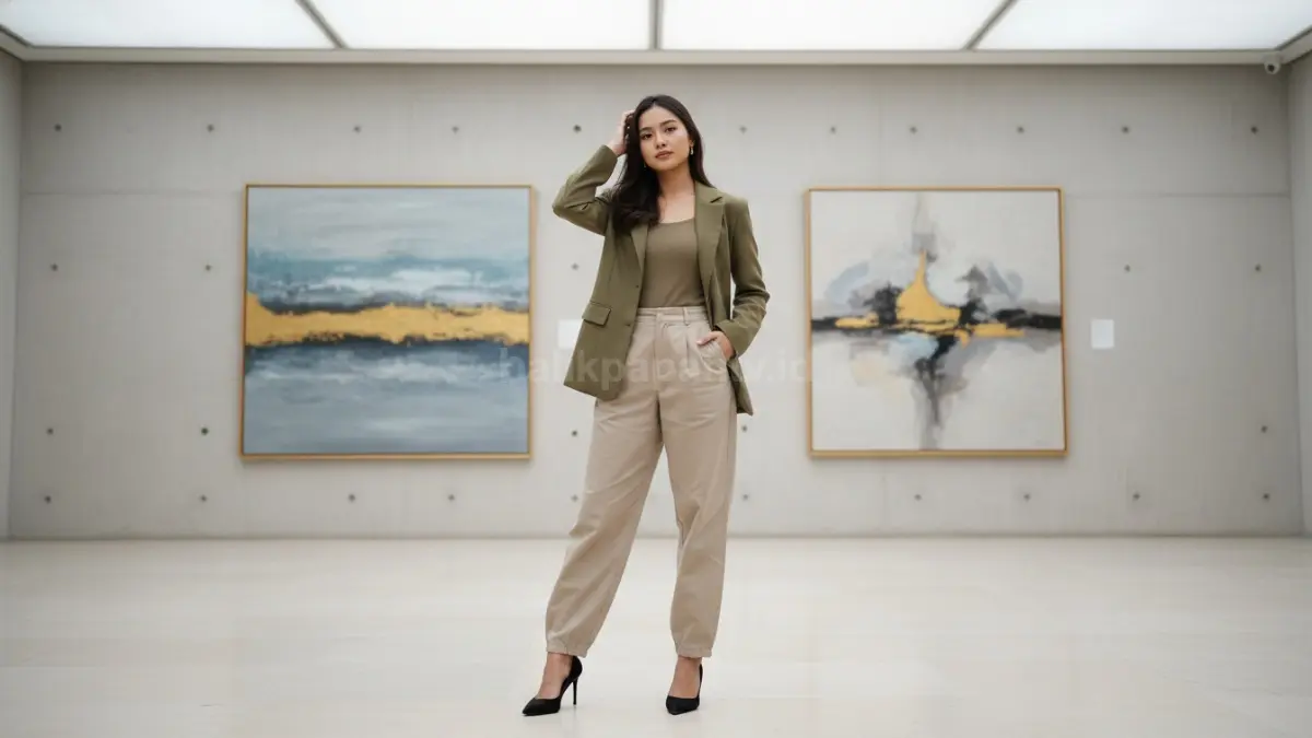 Tampilan semi-formal celana baggy dengan blazer dan heels simpel.
