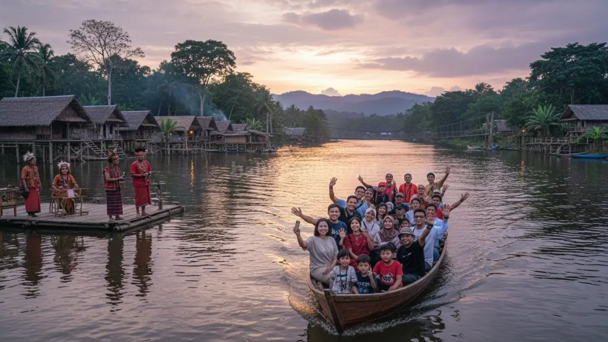 Wisata Sungai Mahakam dan desa budaya Dayak menarik wisatawan lewat pengalaman alam serta budaya autentik Kalimantan.(BTV/AI)

