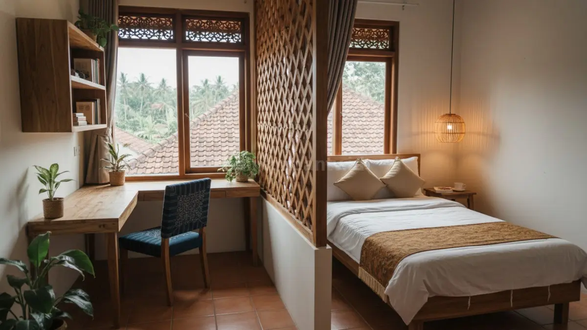 Zona kerja terpisah dari area tidur membantu fokus, menjaga ritme istirahat, dan membuat kamar terasa rapi.
