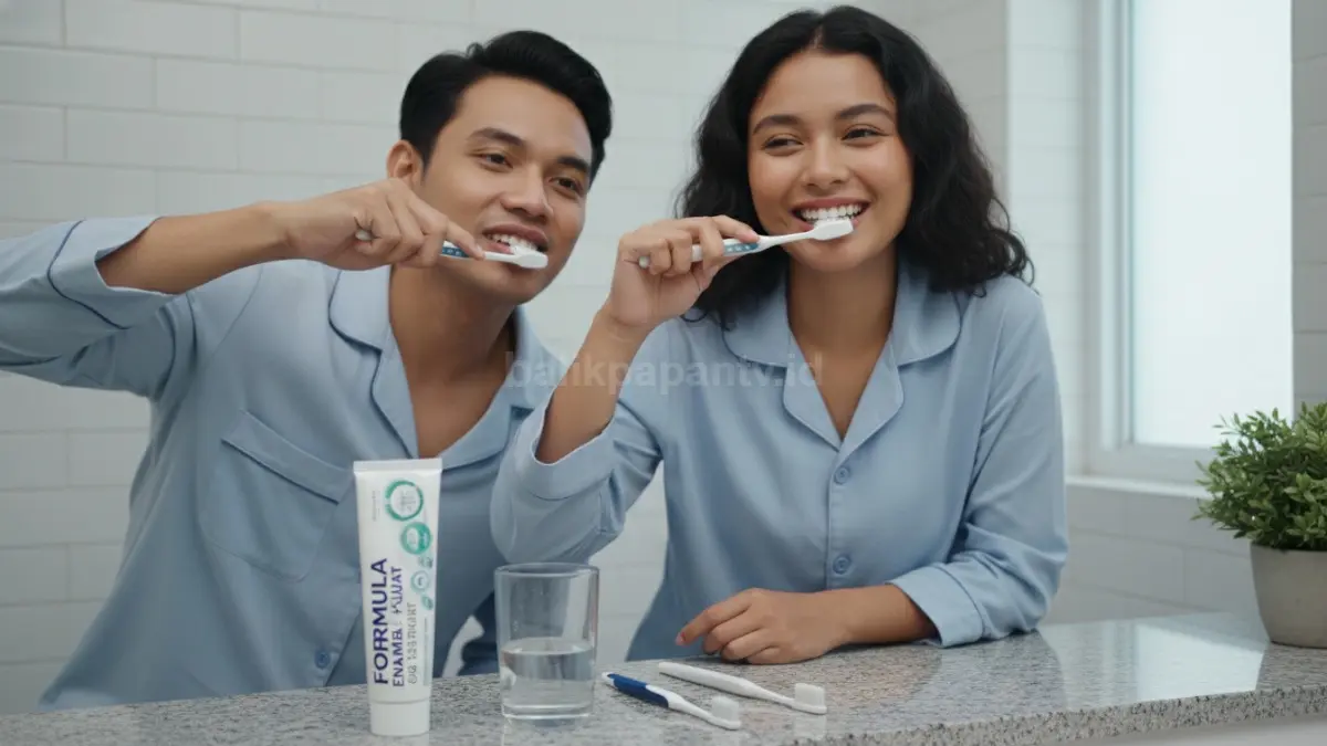 Aktivitas menyikat gigi memakai pasta gigi berfluoride untuk menjaga enamel tetap kuat dan sehat.