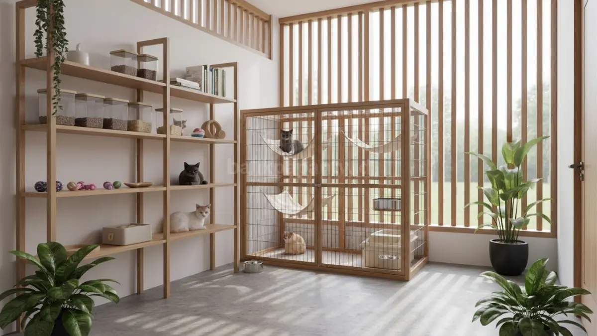 Area kandang kucing bersih dengan ventilasi alami dan rak penyimpanan rapi di rumah modern
