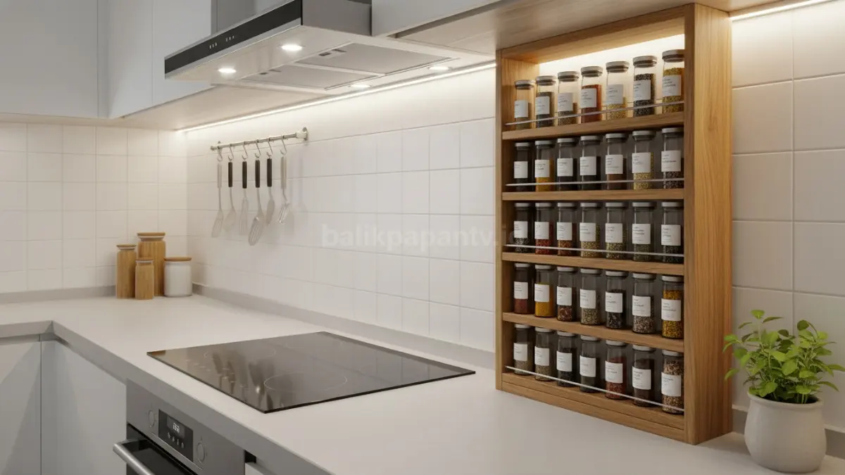 Area kompor dapur minimalis dengan rak bumbu vertikal dan pencahayaan terang agar terlihat rapi
