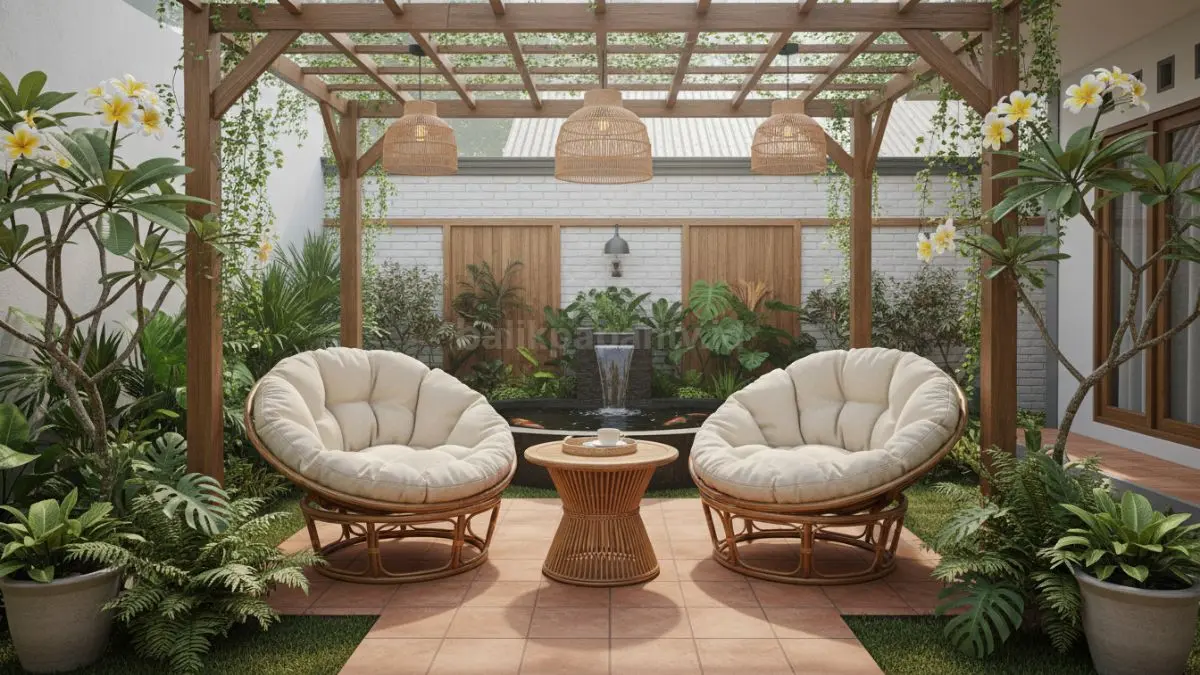 Area outdoor cozy di halaman belakang dengan kursi rotan dan lampu gantung warm light (BTV/Ai)