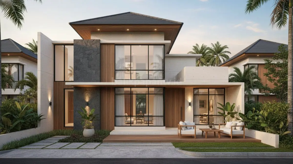 Area ruang tamu rumah resort modern dengan material kayu natural dan plafon tinggi estetik.. (BTV/Ai)