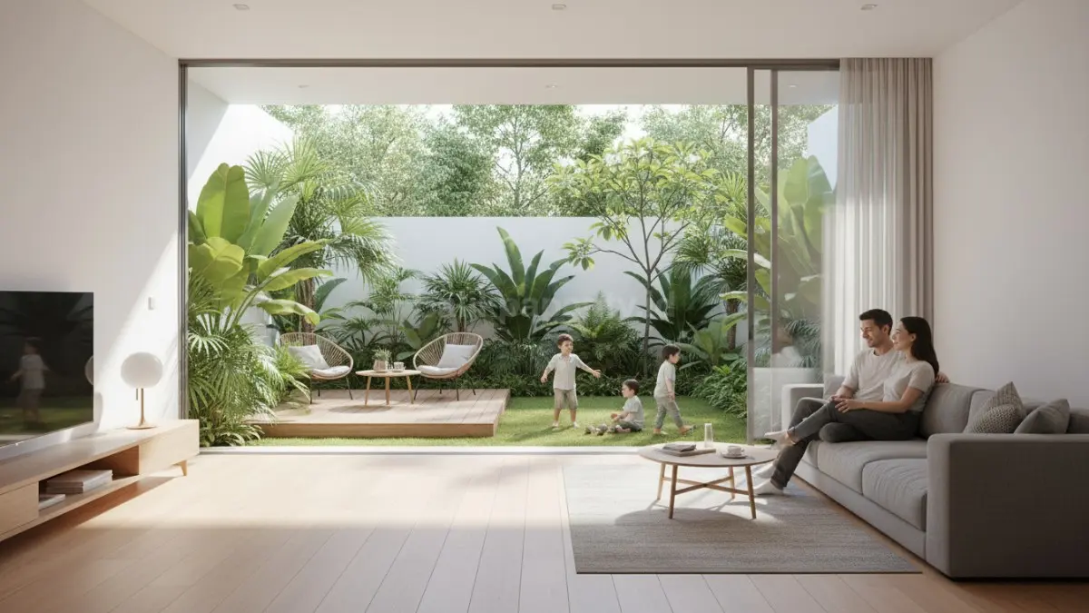 Area santai outdoor modern dengan pintu sliding kaca besar dan pencahayaan alami. (BTV/Ai)