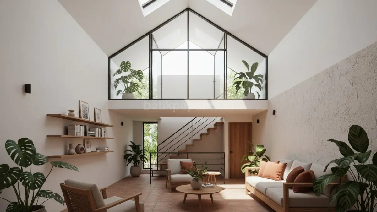 Area void rumah modern dengan cahaya alami masuk dari skylight dan sirkulasi udara tropis yang nyaman