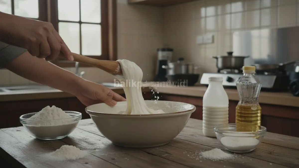 Campurkan tepung ketan, gula, susu, dan minyak hingga adonan mochi lembut tanpa gumpalan, Ces! (BTV/AI) 

