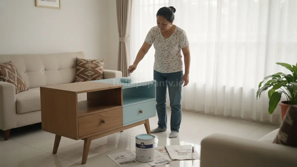 Cat ulang meja TV lama membantu mengubah tampilan ruang tamu tanpa biaya furnitur baru yang mahal.
