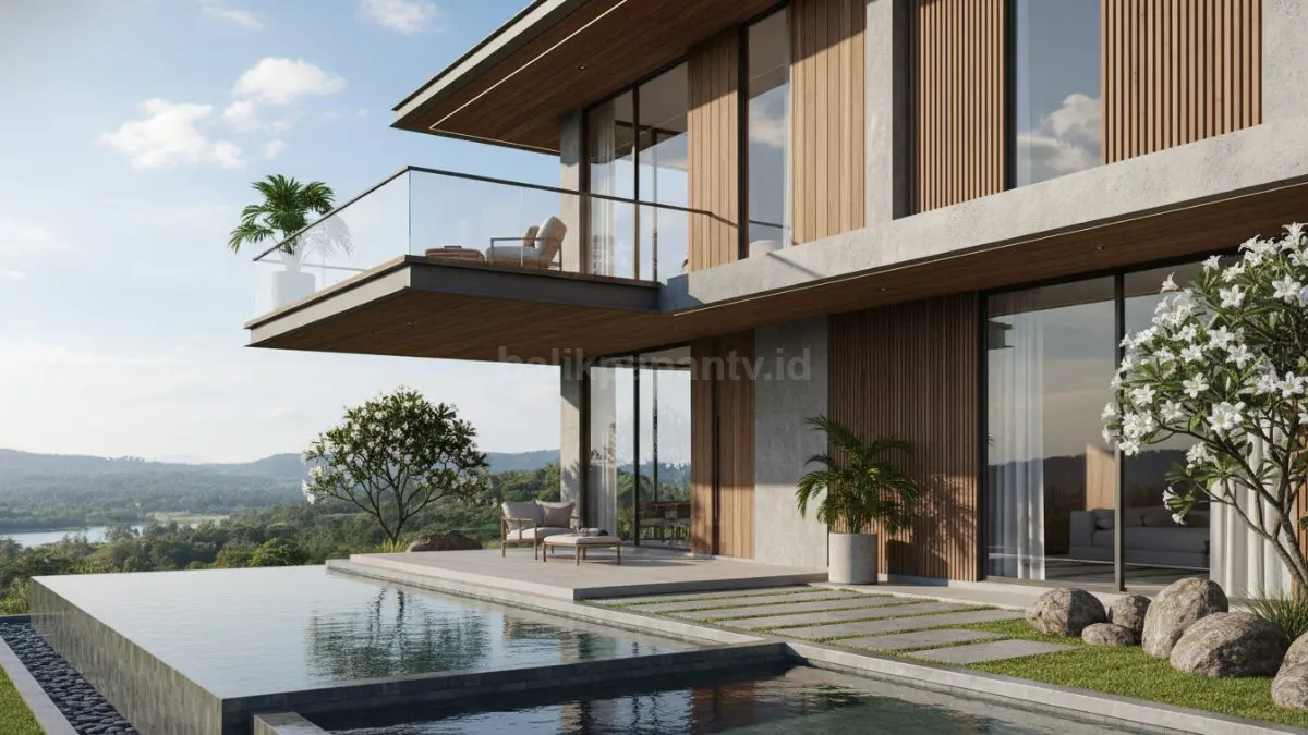 Desain rumah modern dengan floating balcony kaca minimalis dan pencahayaan hangat malam hari. (BTV/Ai)