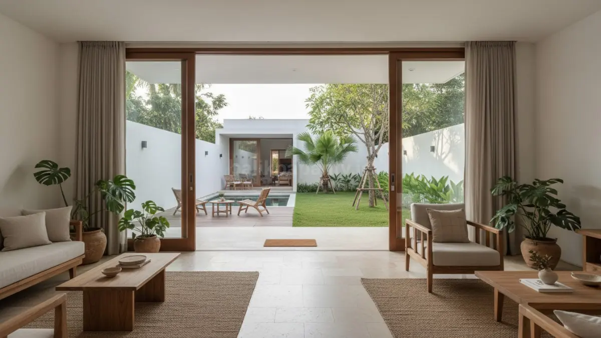 Desain rumah tropis modern dengan koneksi ruang dalam dan taman belakang. (BTV/Ai)