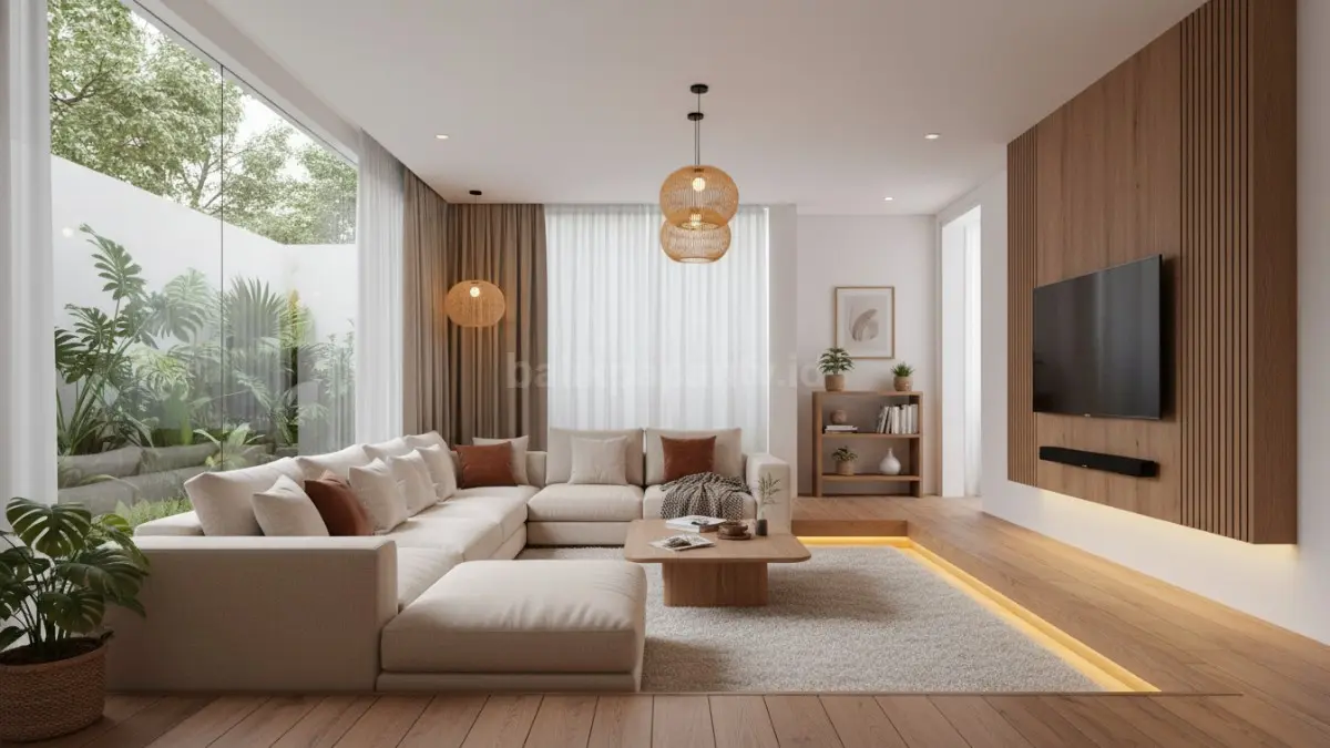 Desain sunken living room minimalis menyatu dengan ruang keluarga modern. (BTV/Ai)