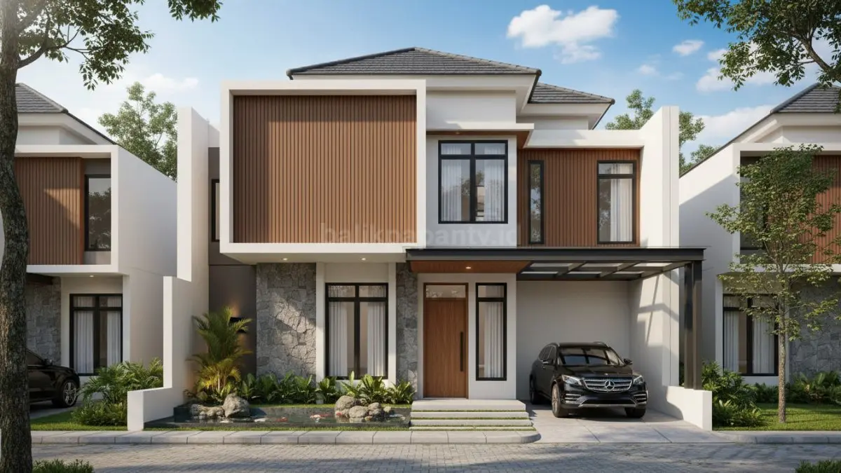 Fasad rumah clean lines warna earth tone dengan pencahayaan hangat modern. (BTV/Ai)