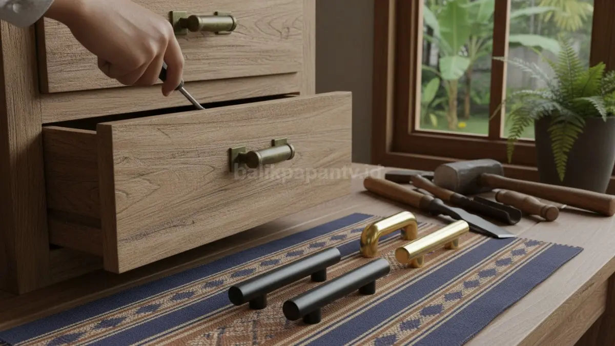 Ganti handle laci dengan model matte atau brass untuk memberi kesan modern dan lebih premium.
