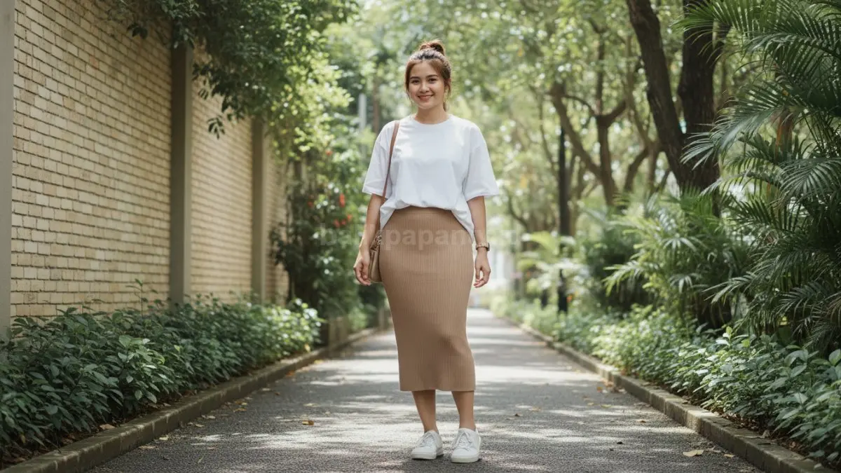 Gaya santai rok span rajut dengan oversized tee dan sneakers untuk aktivitas harian yang nyaman.