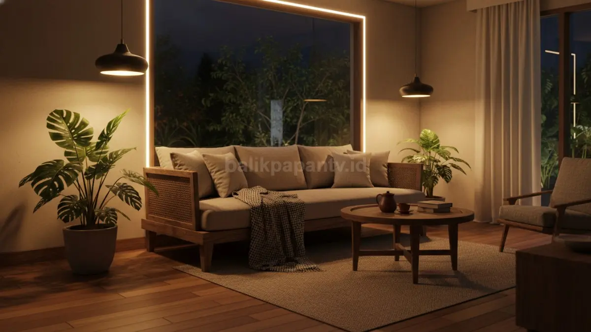 Gunakan lampu warm white 2700K–3000K agar ruang terasa hangat, santai, dan nyaman saat malam hari. (BTV/AI)