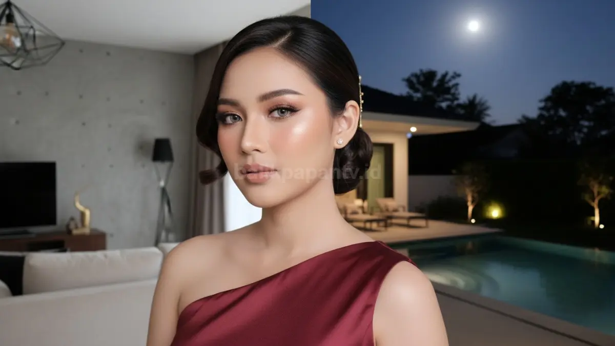 Hasil makeup soft glam elegan untuk acara indoor dan foto outdoor malam hari
