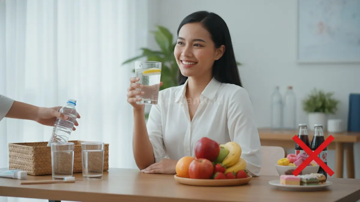 Ilustrasi minum air putih dan mengurangi makanan manis untuk menjaga kesehatan gigi harian.
