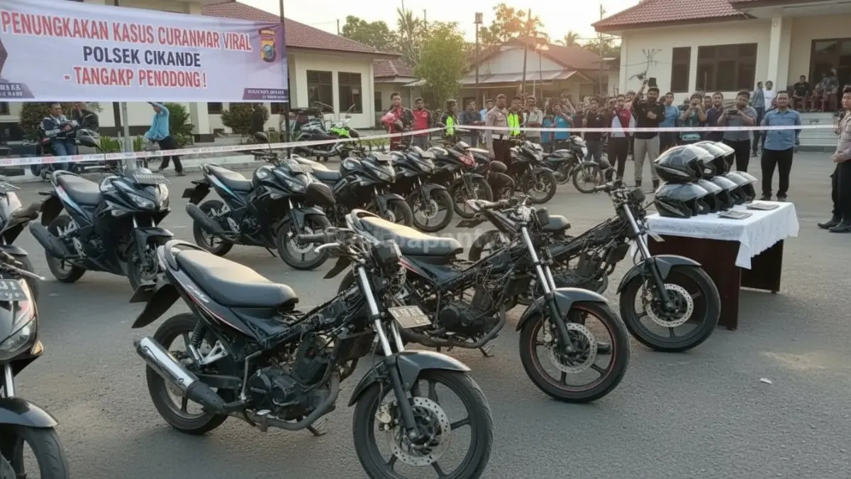 Ilustrasi Polisi menunjukkan barang bukti motor curian dalam kasus curanmor viral di Cikande yang sempat todong warga.