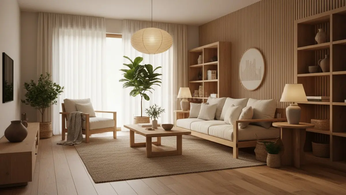 Interior rumah Japandi Evolution 2026 dengan furnitur kayu natural dan pencahayaan hangat (BTV/Ai)