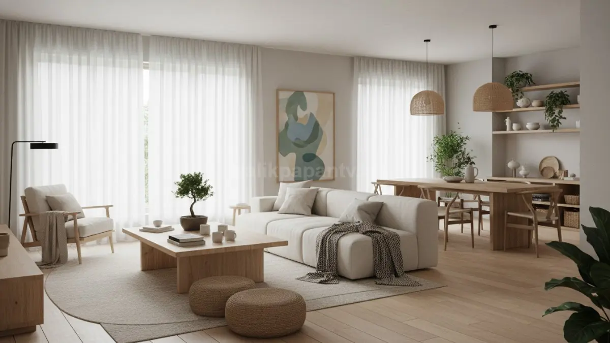 Interior rumah Japandi kontemporer dengan furnitur kayu natural dan pencahayaan hangat yang menenangkan. (BTV/Ai)