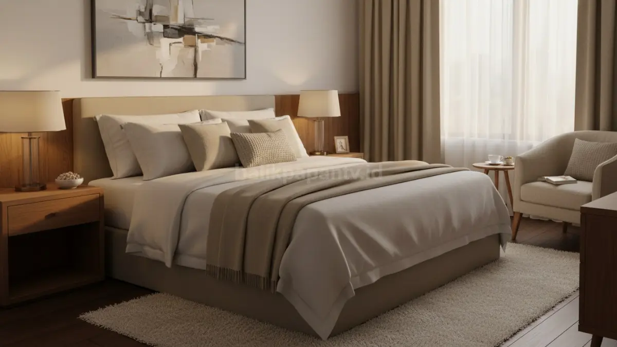 Kamar tidur hotel vibes dengan lampu hangat dan bedding warna netral yang menenangkan (BTV/Ai)