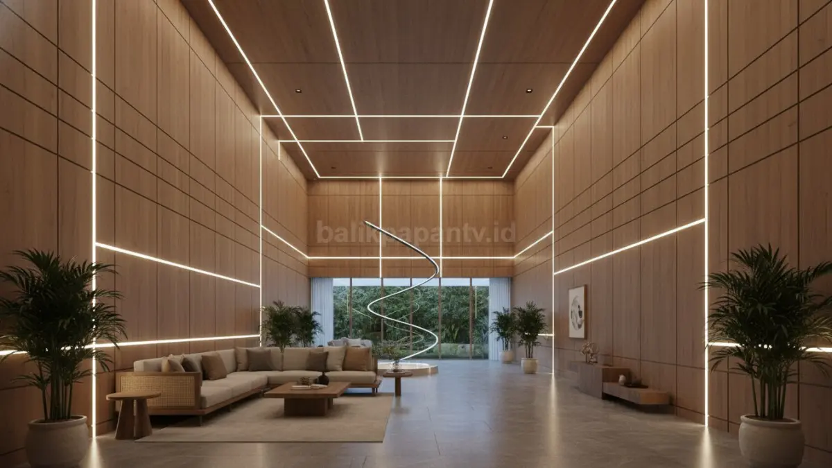 Linear lighting 2026 menghadirkan pencahayaan modern yang lembut, humanis, dan mempertegas karakter interior kontemporer. (BTV/AI)