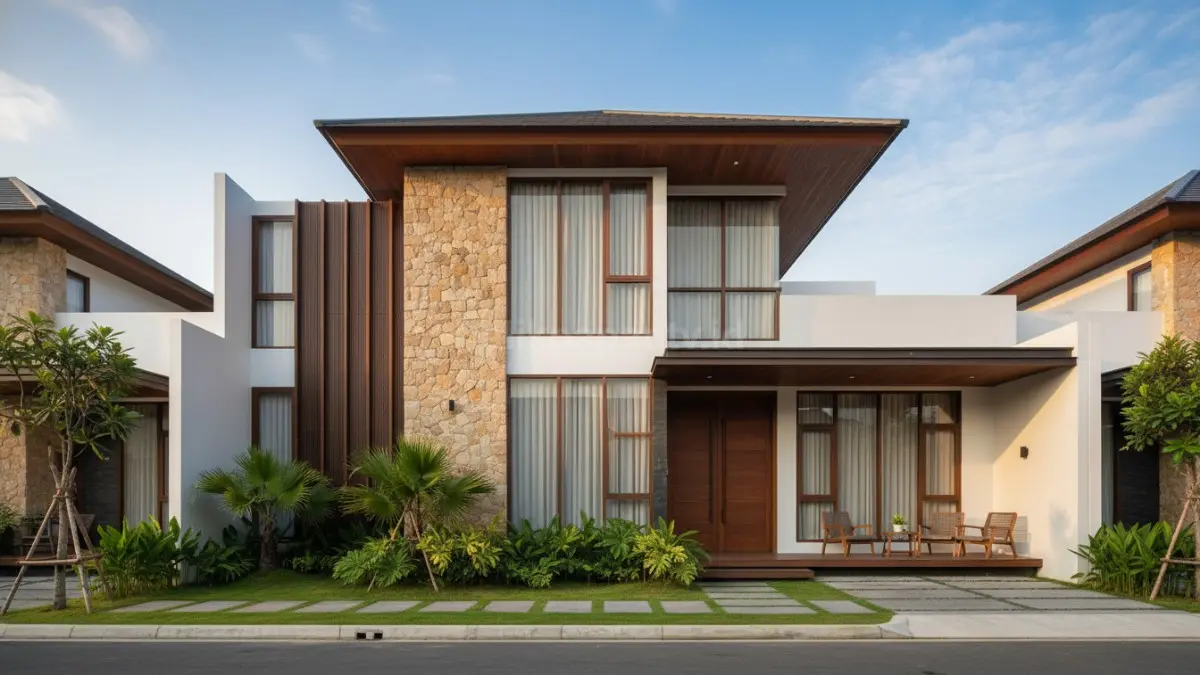 Luxury minimalist house dengan kolam kecil, pencahayaan hangat, dan taman tropis modern yang elegan.. (BTV/Ai)
