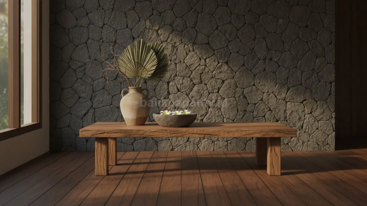 Material kayu dan batu alam menciptakan suasana hangat, alami, dan nyaman secara visual modern.