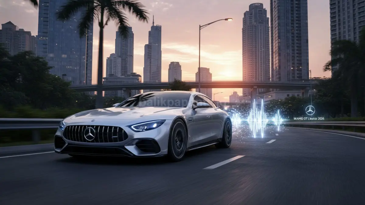 Mercedes-AMG GT listrik 2026 hadir dengan suara V8 buatan dan teknologi performa modern futuristis. (BTV/AI)