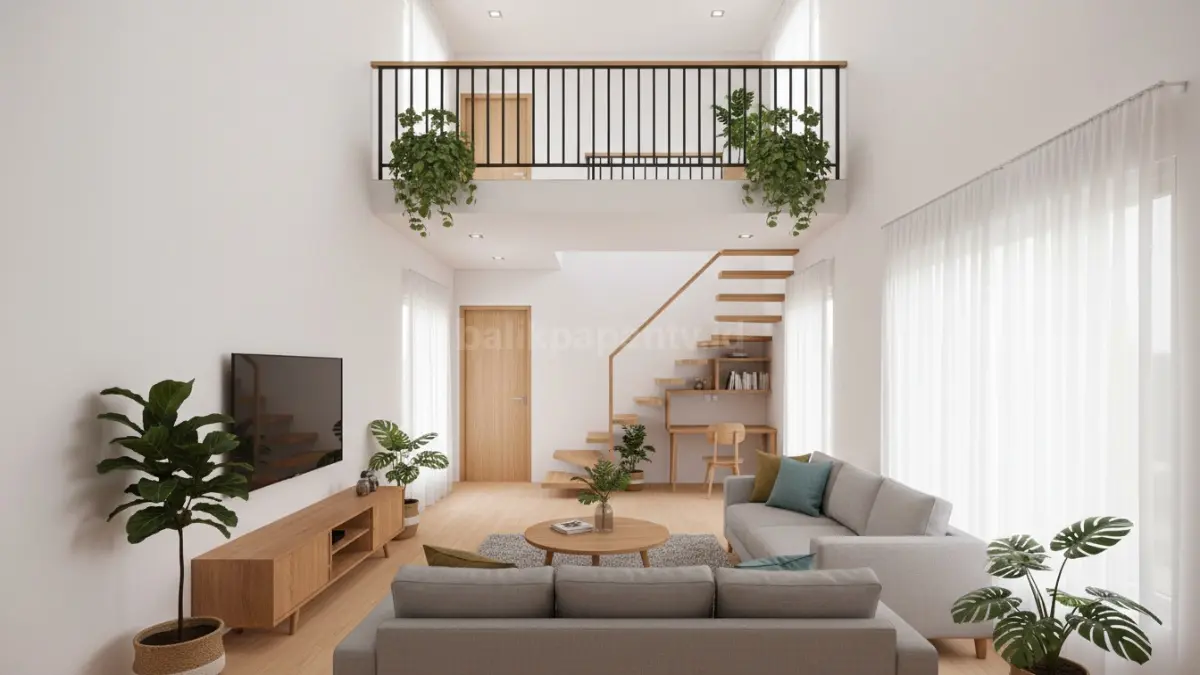 Mini void pada rumah dua lantai sempit dengan konsep ruang keluarga terbuka modern