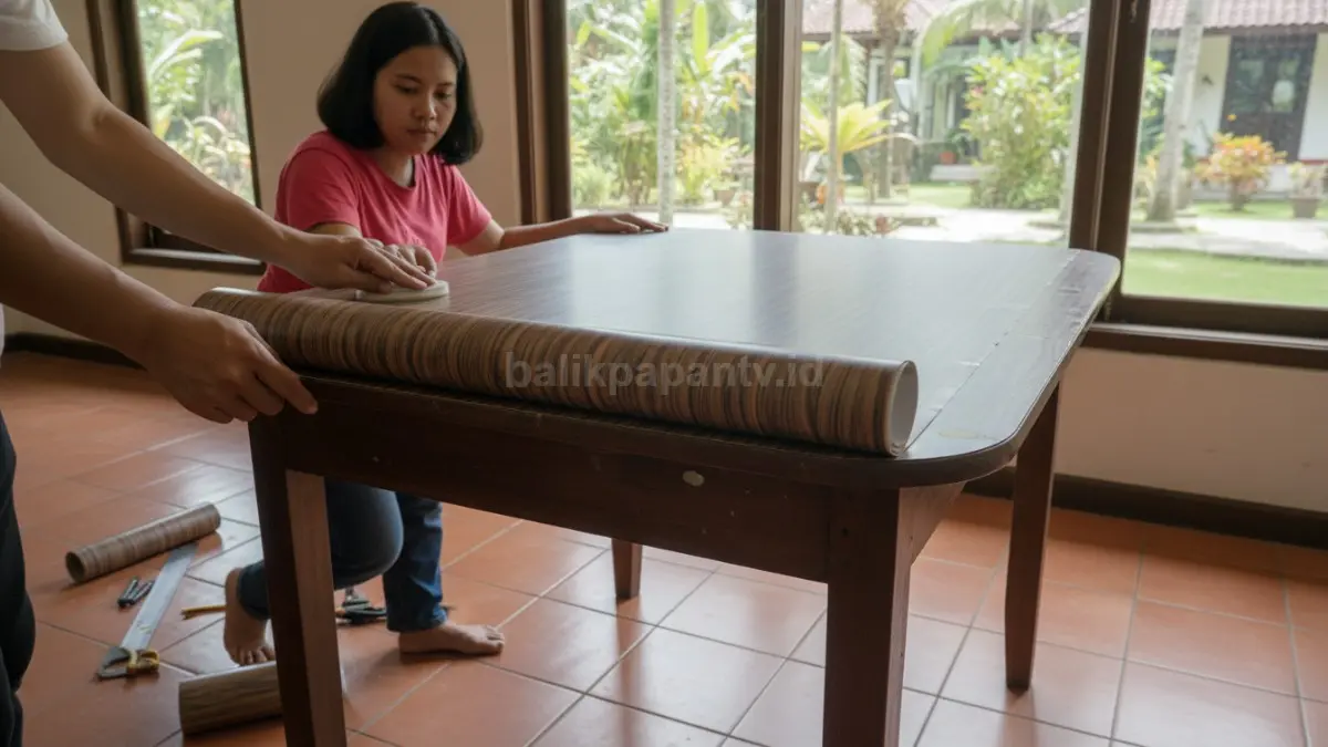 Pasang stiker veneer kayu untuk memperbarui meja kusam dengan cara praktis, cepat, dan lebih hemat.
