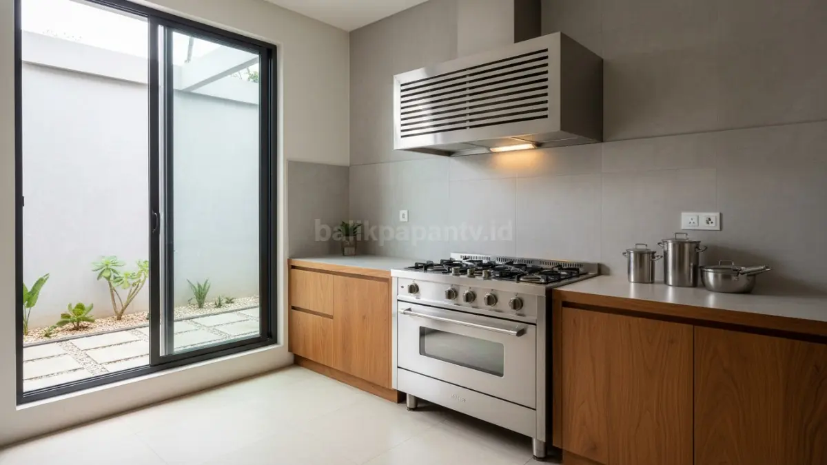 Penataan kompor dekat ventilasi dapur modern supaya asap masakan cepat keluar
