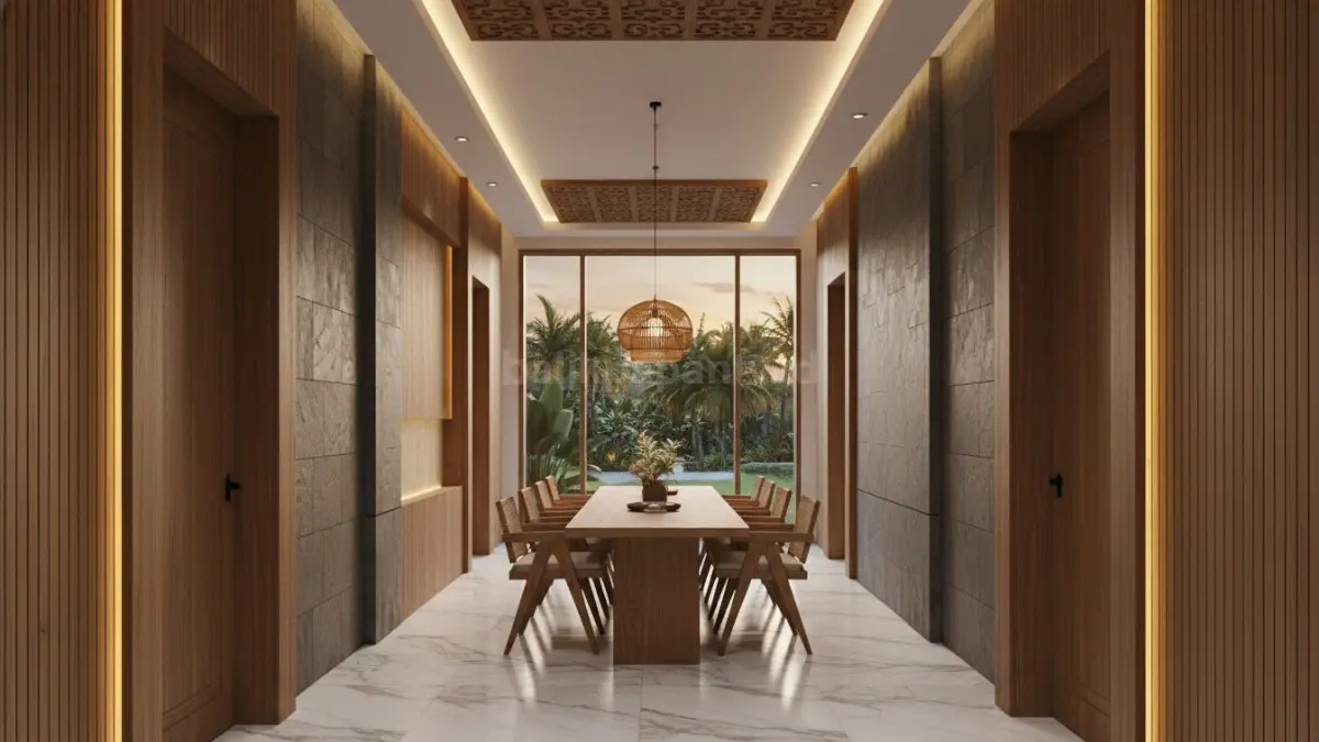Pencahayaan tersembunyi membantu lorong, plafon, dan area kerja terasa rapi, nyaman, serta modern minimalis.