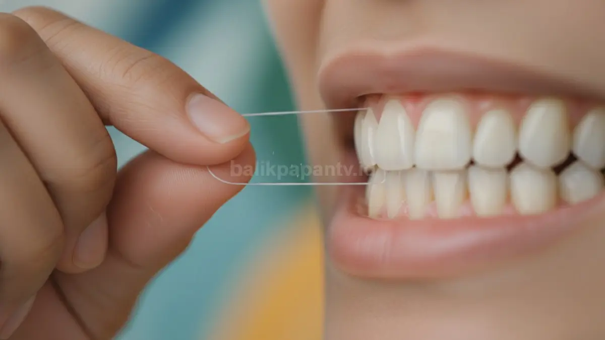 Penggunaan dental floss membersihkan sela gigi agar plak kada menumpuk.