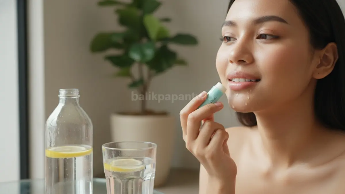 Perawatan bibir pecah-pecah menggunakan lip balm dan air putih agar bibir tetap lembap setiap hari