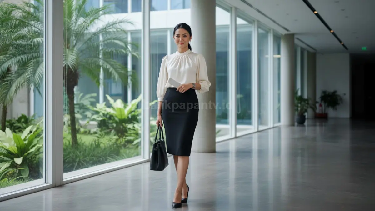 Perempuan memakai rok span hitam dipadukan blouse putih untuk tampilan kerja yang elegan dan modern.