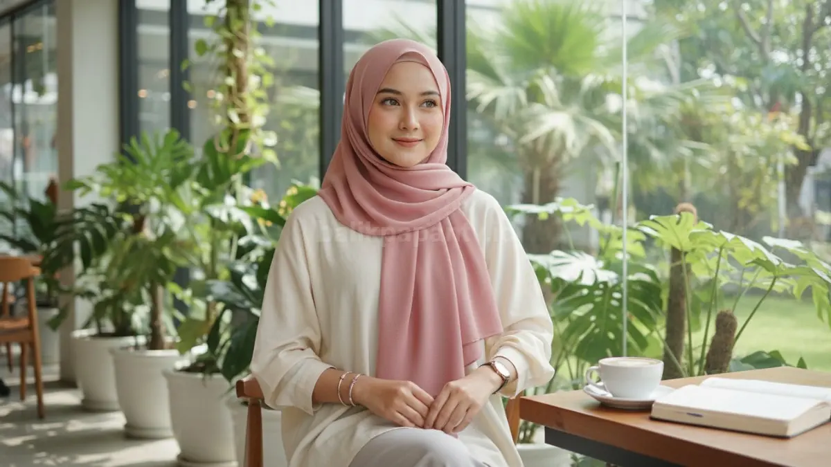 Perempuan mengenakan pashmina ceruty baby doll dengan gaya layering modern untuk aktivitas harian.