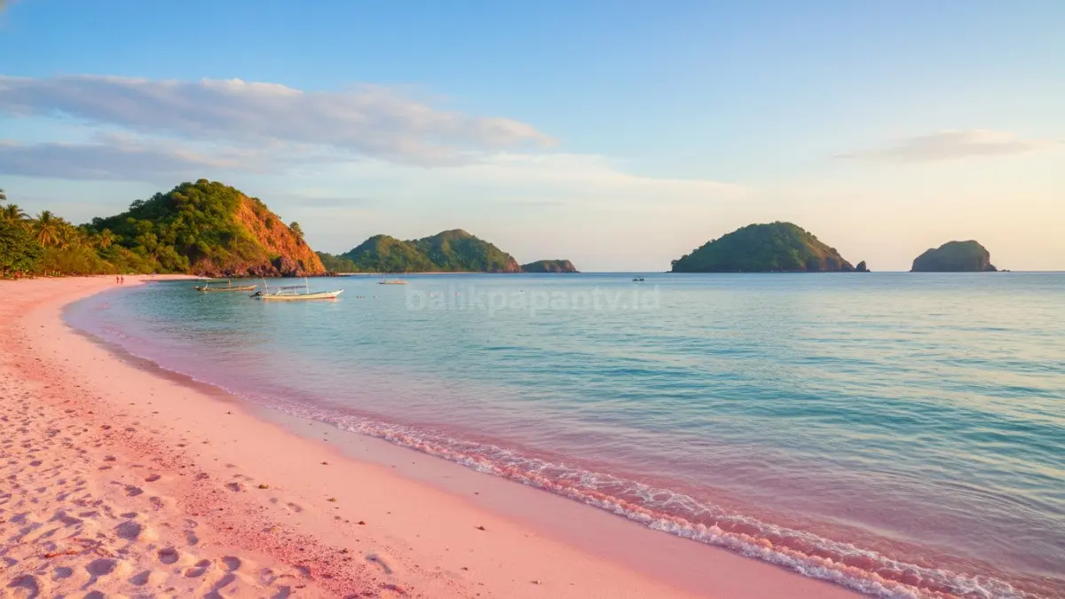 Pink Beach Labuan Bajo memikat wisatawan dengan pasir merah muda langka dan panorama laut tropis eksotis.(BTV/AI)

