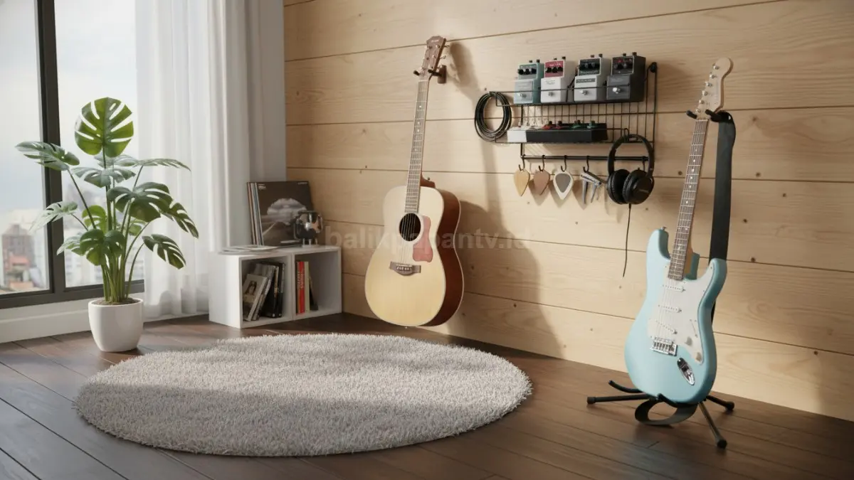 Rak aksesori gitar kecil di kamar sempit agar area musik terlihat rapi dan nyaman
